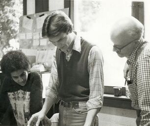 SFAI library staff Margaret Cleaver, Jim Van Buskirk, and Harry Mulford, ca. 1978