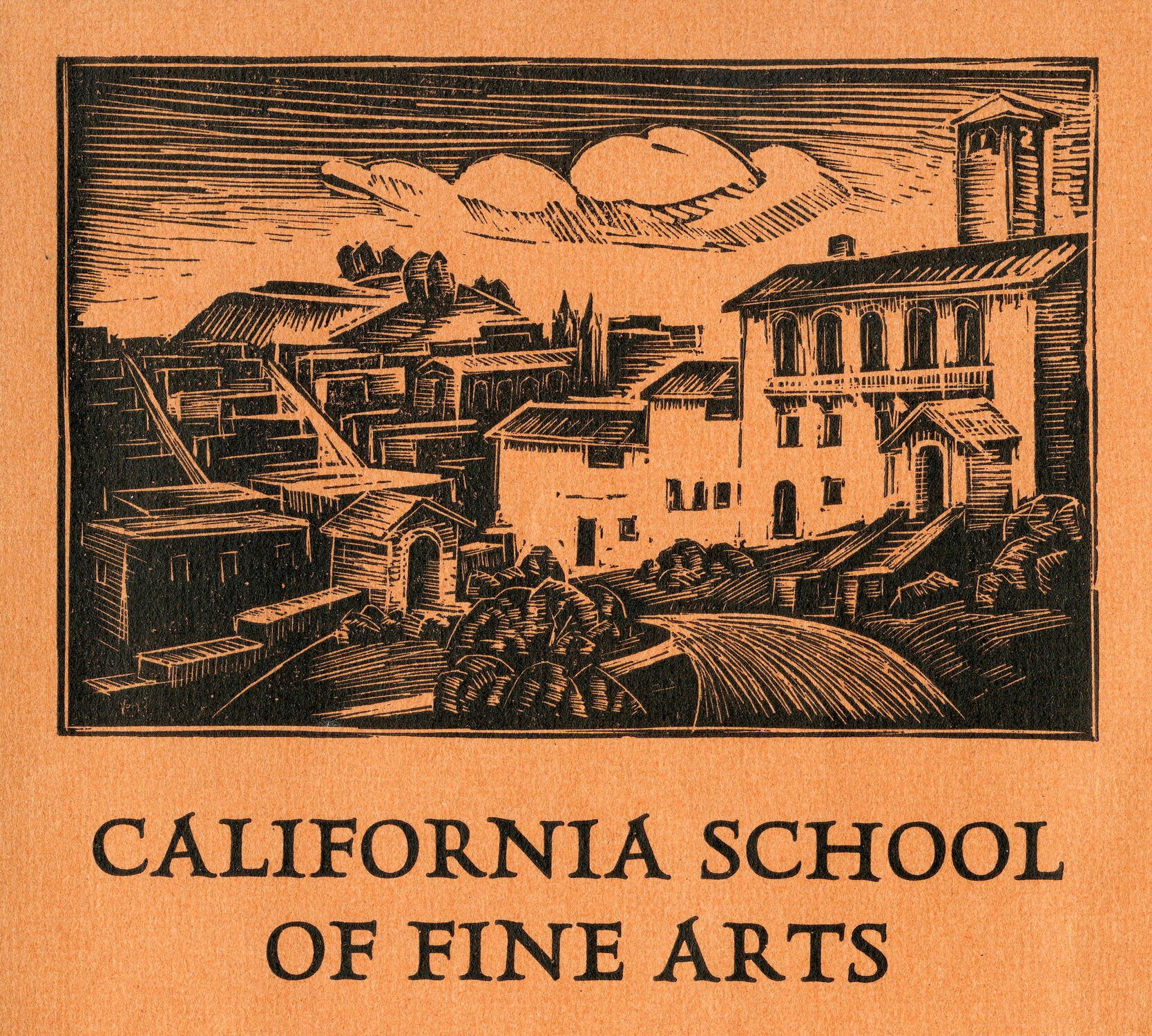 Woodcut poster depicting the California School of Fine Arts